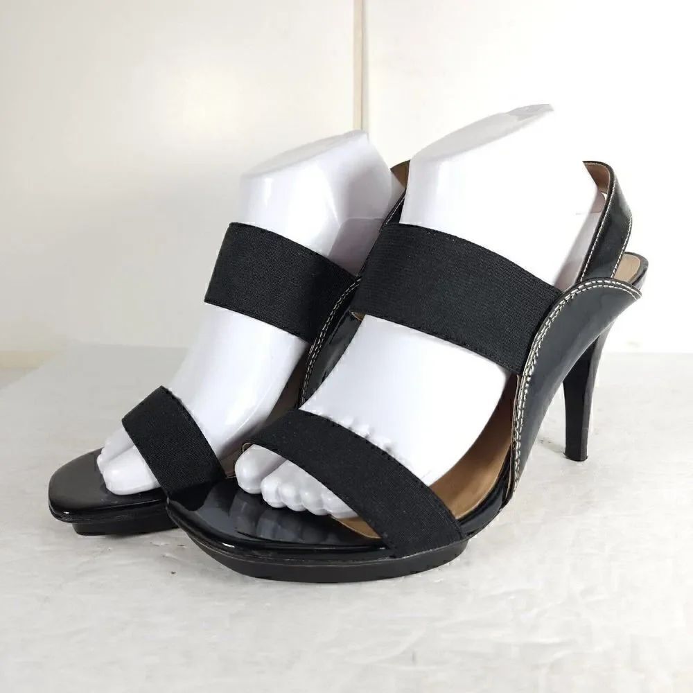 Donald.JPliner Women’s US9, 5M Black Leather Heel Stretch Strappy Sandals Shoes